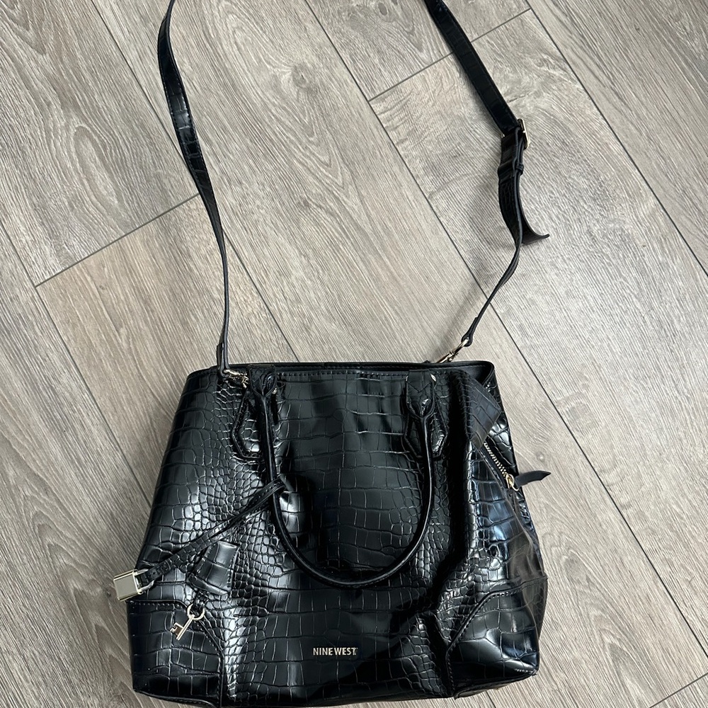 Nine West Glossy Black Croc Shoulder Bag